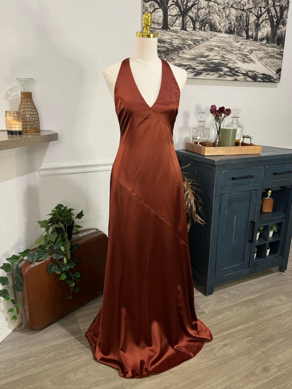 Lulu’s Satin V-Neck Slip Gown in Copper Brown NWT Medium